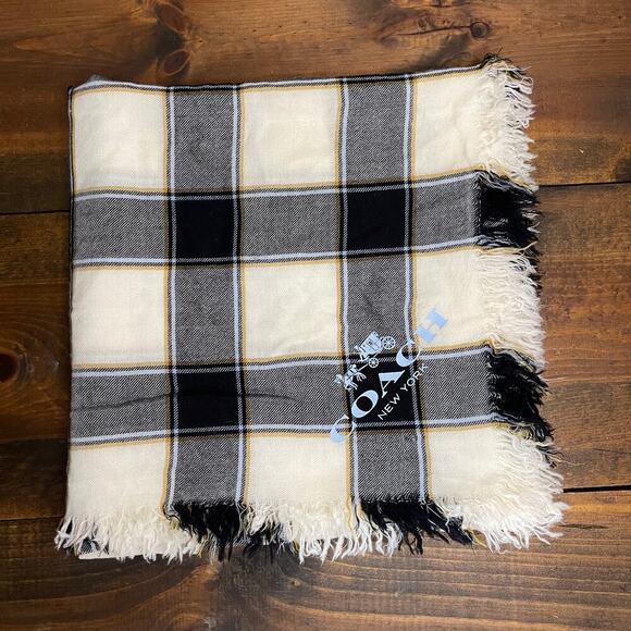 COACH NEW YORK Horse & Carriage Wool Plaid Scarf White Black Square 54" x 54" - Picture 1 of 6